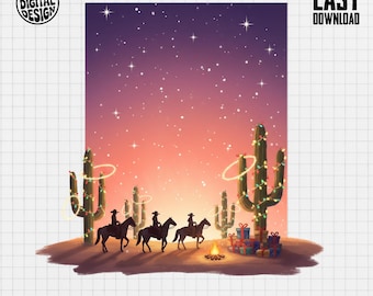 Cowboy Christmas PNG, Desert Xmas Clipart, Cactus Lights Png, Cowboy Riding Horses, Holiday Desert Scene, Digital Clip Art PNG