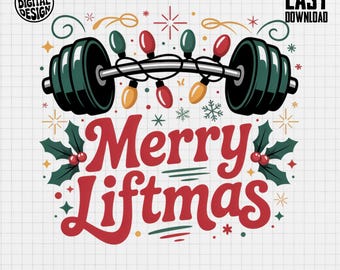 May include: A digital graphic design featuring a barbell wrapped in colorful Christmas lights, with the red text Merry Liftmas below it. The design includes holly leaves, berries, and snowflake accents on a white grid background with text.