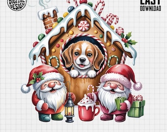 Beagle Puppy PNG, Gingerbread House, Santa Claus Clipart, Holiday Puppy, Digital Clipart, Sublimation, Watercolor PNG, Cute Designs