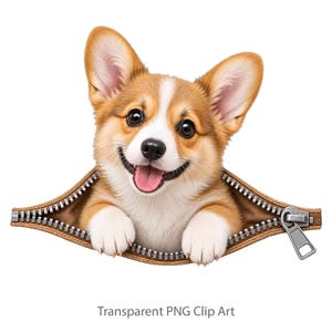 Könnte beinhalten: Eine digitale Illustration eines braun-weißen Corgi-Welpen, der hinter einem teilweise geöffneten braunen Reißverschluss hervorlugt. Der Welpe hat große dunkle Augen, eine schwarze Nase und ein offenes Maul mit sichtbarer rosa Zunge.