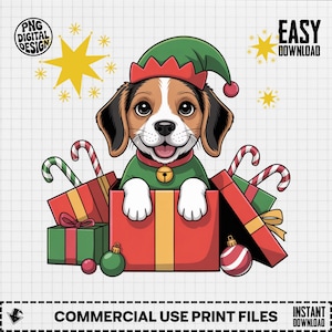 Kerstbeagle PNG, Beagle Elf Clipart, vakantiehond png, kerstpuppy png, hond in doos, digitale download
