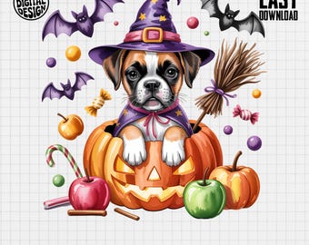 Halloween Boxer Puppy Dog Png, Witch Dog Clipart, Pumpkin Png, Cute Dog Png, Halloween Clipart, Digital Download