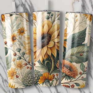 Sunflower Tumbler Wrap, 20oz Skinny Tumbler PNG, Fall Flowers Sublimation, Floral Tumbler Design, Digital Download