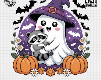 Halloween Ghost PNG, Raccoon PNG, Witch Hat, Bat Png, Pumpkin Png, Spooky Season, Sublimation Png, Digital Download