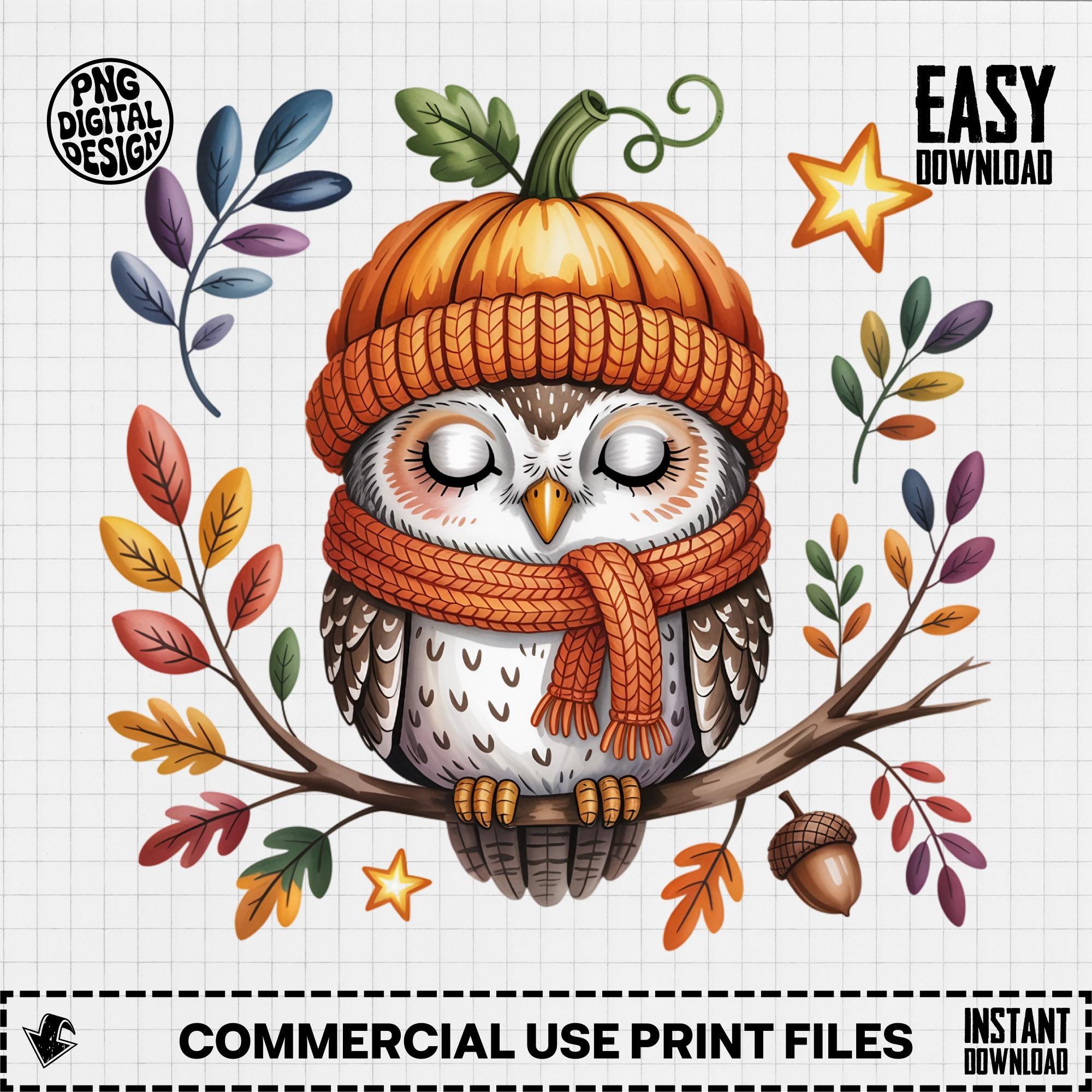Pumpkin Owl PNG, Autumn Owl Clipart, Fall Png, Owl on Branch, Halloween Owl, Sublimation Png, Digita