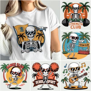 May include: White t-shirt with a skeleton wearing sunglasses, with graphics including a drone, palm trees, and the word "Robotics". Other designs show skeletons with dumbbells, paper airplanes, headphones, pom-poms, and a guitar.