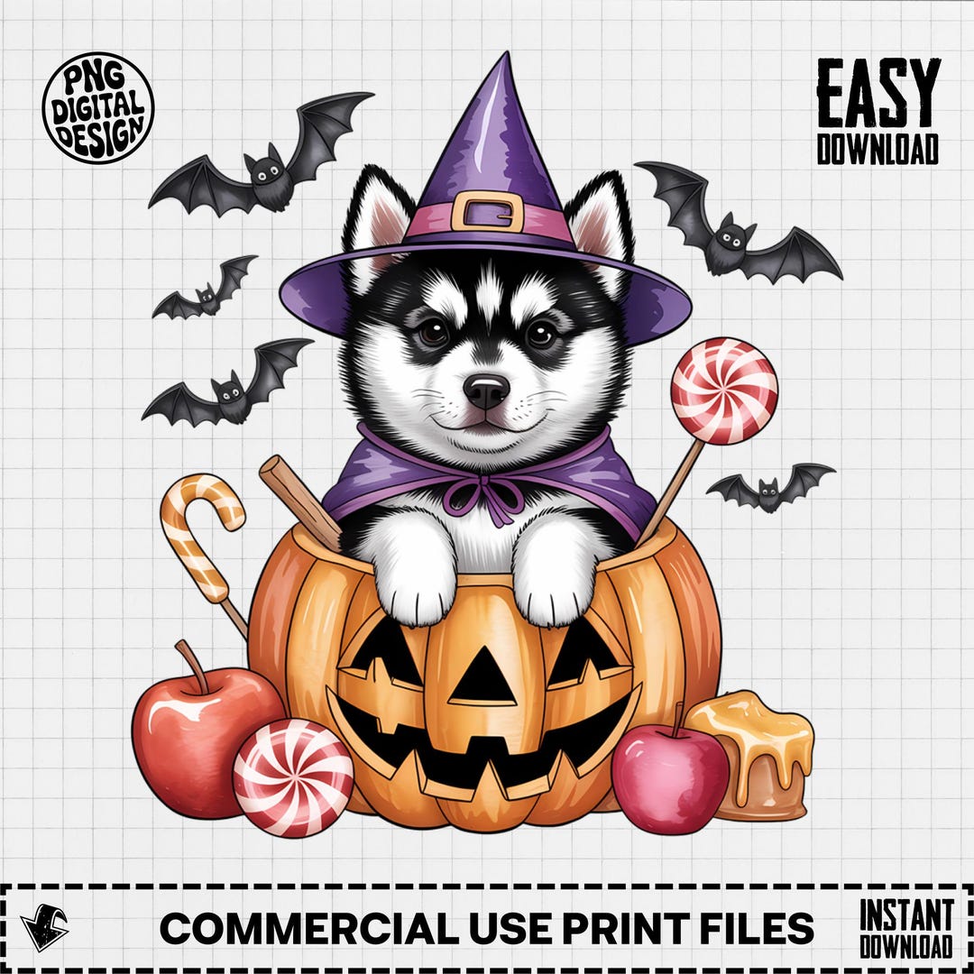 Halloween Husky Clipart, Cute Dog Clipart, Witch Hat, Candy, Pumpkin ...