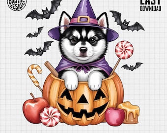 Halloween Husky Clipart, Cute Dog Clipart, Witch Hat, Candy, Pumpkin Clipart, Halloween Puppy, Pet Png