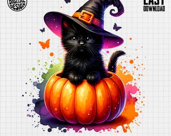 Witch Cat in Pumpkin PNG, Halloween Clipart (Digital Download)