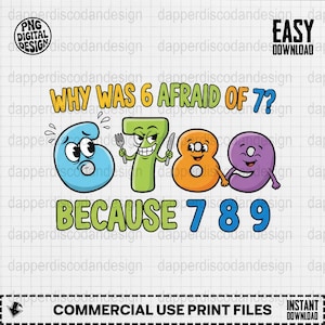 Könnte beinhalten: Ein farbenfrohes Bild mit der Frage: „Warum hatte 6 Angst vor 7? Weil 7 8 9.“ Die Zahlen 6, 7, 8 und 9 sind mit Cartoon-Gesichtern personifiziert. Das Bild enthält den Text „PNG Digital Design“ und „Commercial Use Print Files“.