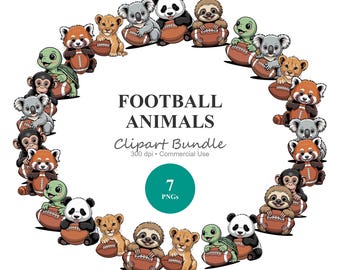 Football Animals Clipart Bundle - 7 PNGs - Panda, Lion, Sloth, Koala, Turtle, Monkey - Sports Team Mascot & Sublimation
