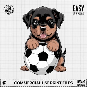 Puede incluir: Ilustración digital de un cachorro de Rottweiler con pelaje negro y marrón, sosteniendo un balón de fútbol blanco y negro. El cachorro sonríe con la lengua fuera. El texto incluye "PNG DIGITAL DESIGN", "EASY DOWNLOAD", "COMMERCIAL USE PRINT FILES" e "INSTANT DOWNLOAD".