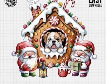 Bulldog Christmas PNG, Gingerbread House, Santa Claus (Digital Download)