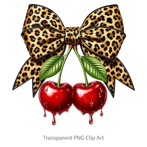 May include: A large decorative bow featuring a brown and black leopard print pattern positioned above two glossy red cherries. Each cherry has a green stem with a single leaf and appears to be dripping with a thick red liquid substance.