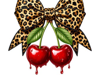 Leopard Print Bow PNG with Dripping Cherries