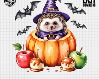 Hérisson d'Halloween Png, sorcière Png, citrouille Png, chauve-souris Png, automne Png, sublimation Png, téléchargement numérique