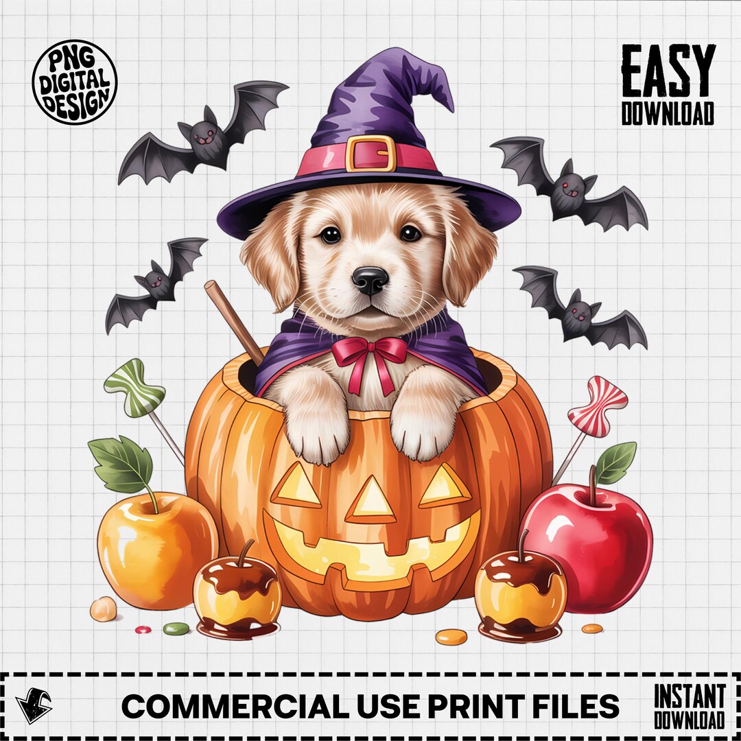 Halloween Golden Retriever Puppy Dog Png, Golden Retriever Png, Witch ...