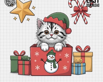 Kitten in Gift Box PNG - Christmas Elf Hat Cat, Holiday Clipart