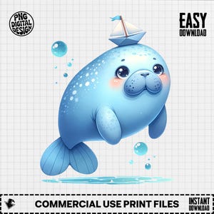 Manatee Seal Png, Manatee Clipart, Boat Png, Cartoon Seal, Kawaii Manatee, Sublimation Png, Digital Download