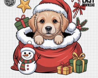 Golden Retriever Puppy PNG - Christmas Santa Bag, Holiday Dog Illustration