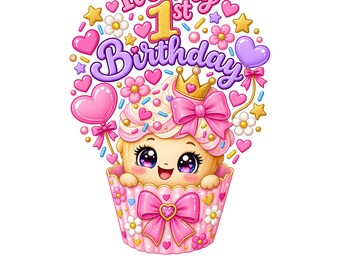 1st Birthday Cupcake Girl PNG - Princess Crown Sublimation Clipart