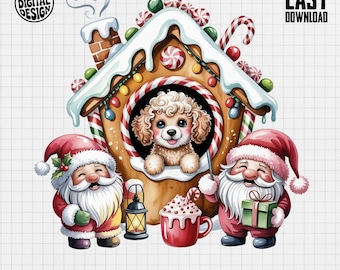 Christmas Clipart PNG, Santa Claus Png, Dog Gingerbread House Png, Cute Christmas Png, Holiday Clipart, Digital Download Png, Poodle PNG