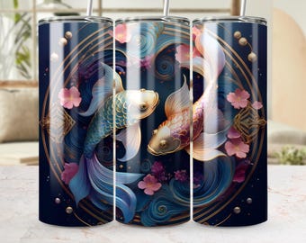 Pisces Tumbler Wrap, Koi Fish, Floral 20oz Skinny Tumbler Design (Digital Download)