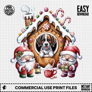 May include: A digital design featuring a gingerbread house with a dog in the window, two Santas, and Christmas treats. The design includes the text "PNG DIGITAL DESIGN", "EASY DOWNLOAD", "COMMERCIAL USE PRINT FILES", and "INSTANT DOWNLOAD".