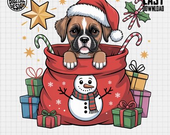 Immagine PNG di un cane boxer a Natale - Cucciolo con cappello di Babbo Natale e borsa per le feste - Clipart
