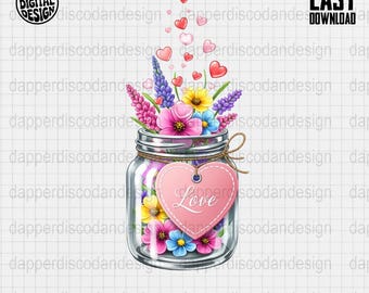 Valentine Mason Jar PNG with Flowers Hearts and Love Tag Romantic Floral Illustration