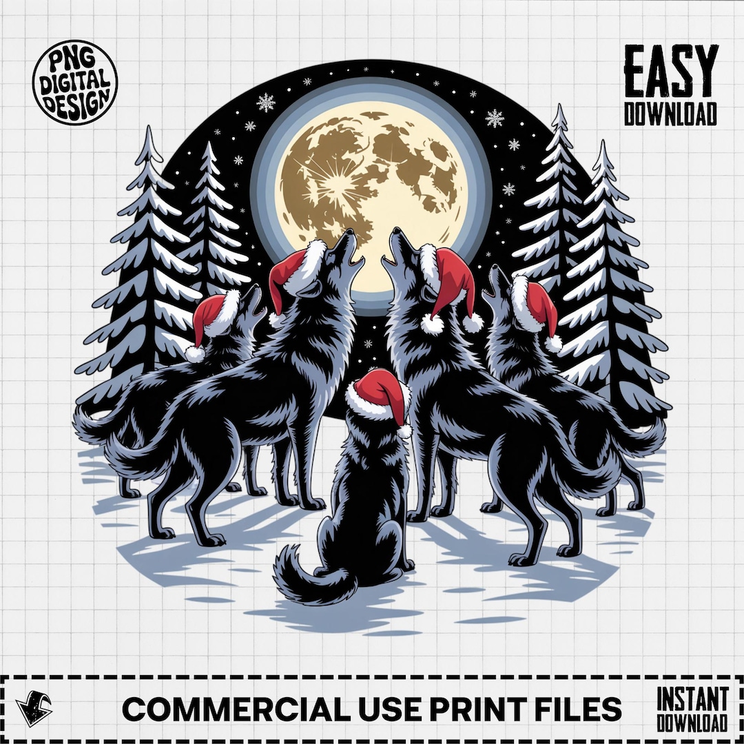 Three Santa Wolves Christmas Wolf PNG, Howling Wolves Clipart, Moon Wolves, Winter Scene ...