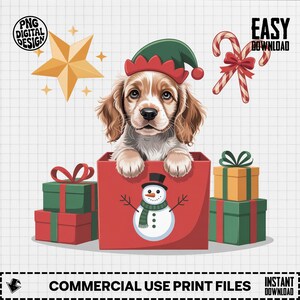 May include: A digital illustration of a puppy wearing an elf hat, peeking out of a red gift box decorated with a snowman. The image includes Christmas presents, candy canes, and a star. Text reads "PNG DIGITAL DESIGN", "EASY DOWNLOAD", and "COMMERCIAL USE PRINT FILES".
