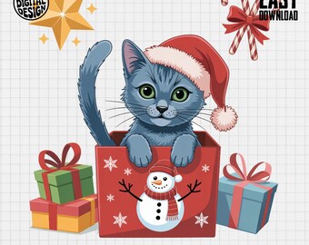Cat PNG - Russian Blue Christmas Santa Hat Kitten Gift Box Design