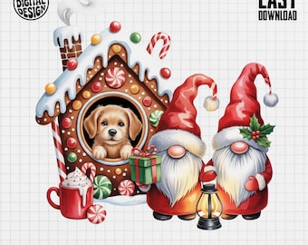 Christmas Gnomes PNG, Puppy Gingerbread House, Holiday Clip Art, Winter Gnomes, Festive PNG, Watercolor Gnomes, Retriever, Digital Art