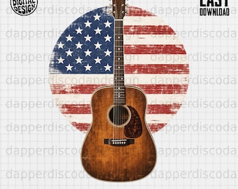 Guitar Acoustic PNG - Patriotic American Flag Retro 4th of July Sublimation
