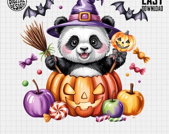 Halloween Panda Clipart, Cute Animal Clipart, Panda In Pumpkin, Halloween Clipart, Witch Hat Panda, Halloween Party Clipart, Panda Png