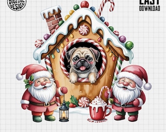 Christmas Pug PNG, Gingerbread House Clipart, Santa Claus PNG, Holiday Dog, Winter Clipart, Digital Art, Watercolor Design