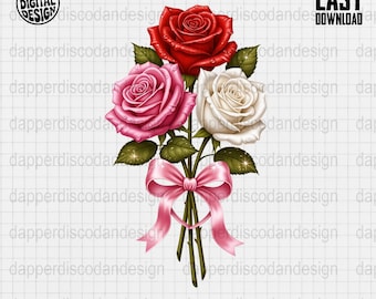 Valentine Rose Bouquet PNG with Red Pink and White Ribbon Romantic Floral