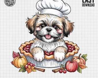 Thanksgiving Shih Tzu PNG, Chef Dog in Pie Clip Art (Digital Download)