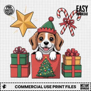 Kerst beagle png, puppy png, kerstmis clipart, cadeau png, candy cane png, boom png, vakantiesublimatie, digitale download