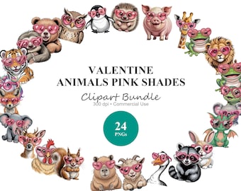 Valentine Animals - 24 PNG Unicorn Dragon Fox Sloth Capybara Heart Sunglasses