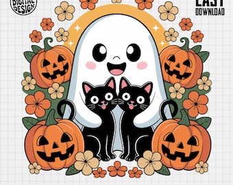 Ghost Kawaii Black Cats Pumpkin Floral PNG - Halloween