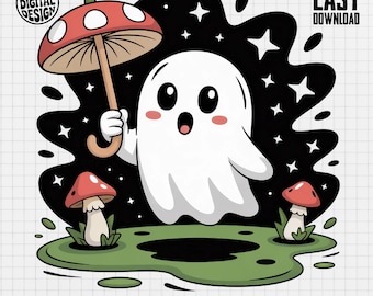 Ghost Mushroom Umbrella - Bold Line - PNG - Halloween Sublimation