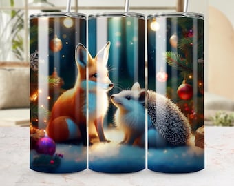 Fox Hedgehog Christmas Tumbler Wrap 20oz, Winter Forest PNG (Digital Download)