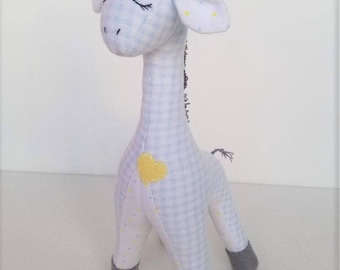 Giraffe  - Stuffed Animal - Heirloom Baby Toy - Natural Cotton - Gingham - Polka Dots - Baby Blue - Yellow - Gray