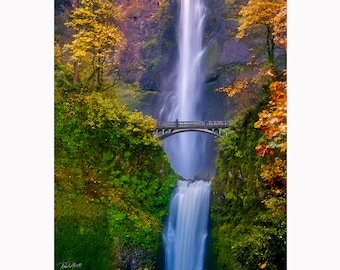May include: A bridge spans a deep gorge with a waterfall cascading down the rock face. Lush green foliage and vibrant fall colors frame the scene.