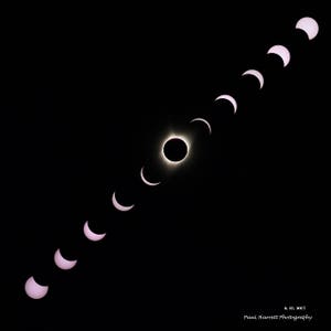 May include: A series of 17 crescent-shaped images of the sun during a solar eclipse, with the sun fully eclipsed in the center of the image. The image is taken against a black background. The text "8.21.2017 Paul Harrett Photography" is in the bottom right corner of the image.