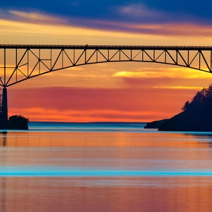 Deception Pass Bridge Sunset Photo – Pacific Northwest Wall Art, Whidbey Island Landscape Print, Scenic Washington Photography