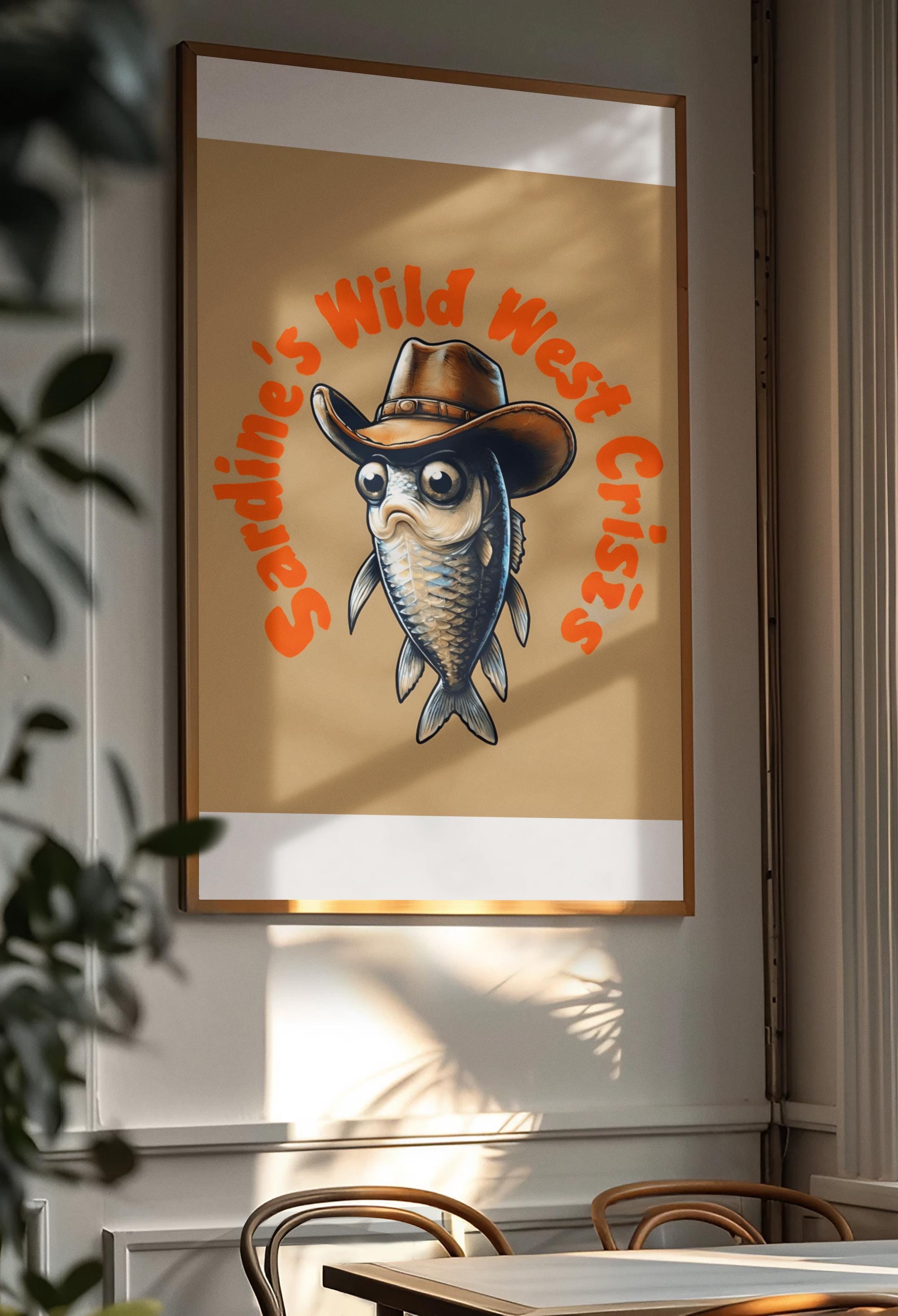 Cowboy Fishermen Poster Sardine Print Western Vintage Poster Funny Fish Poster