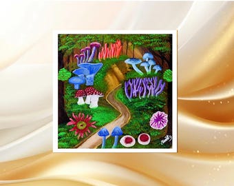 Grafika artystyczna „Grzybowy las”: Fantazyjna dekoracja ścienna do pokoju dziecięcego (pobranie cyfrowe)